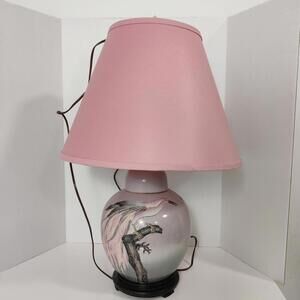 Vintage Ceramic Table Lamp Pink Shade Art Deco Revival 1980's Hand Painted Bird